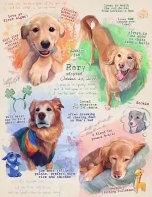 Illustrated collage of a golden retriever dog in the style of nature journal.